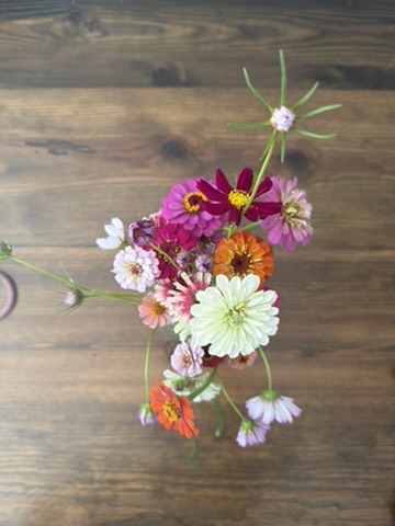 Small colorful zinnia posy viewed from above on a wooden table